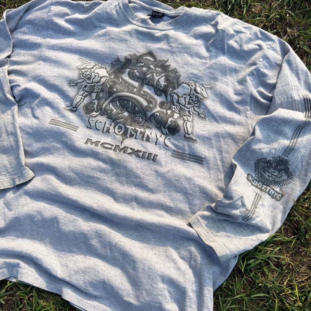 Rare Designer Schott NYC Gray Y2K Long Sleeve Graphic Tee Bull Motif Size Xl